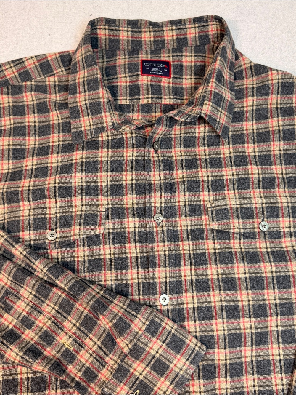 UNTUCKit Men's Navy Plaid Button-Down Shirt with Cream and Red Accents